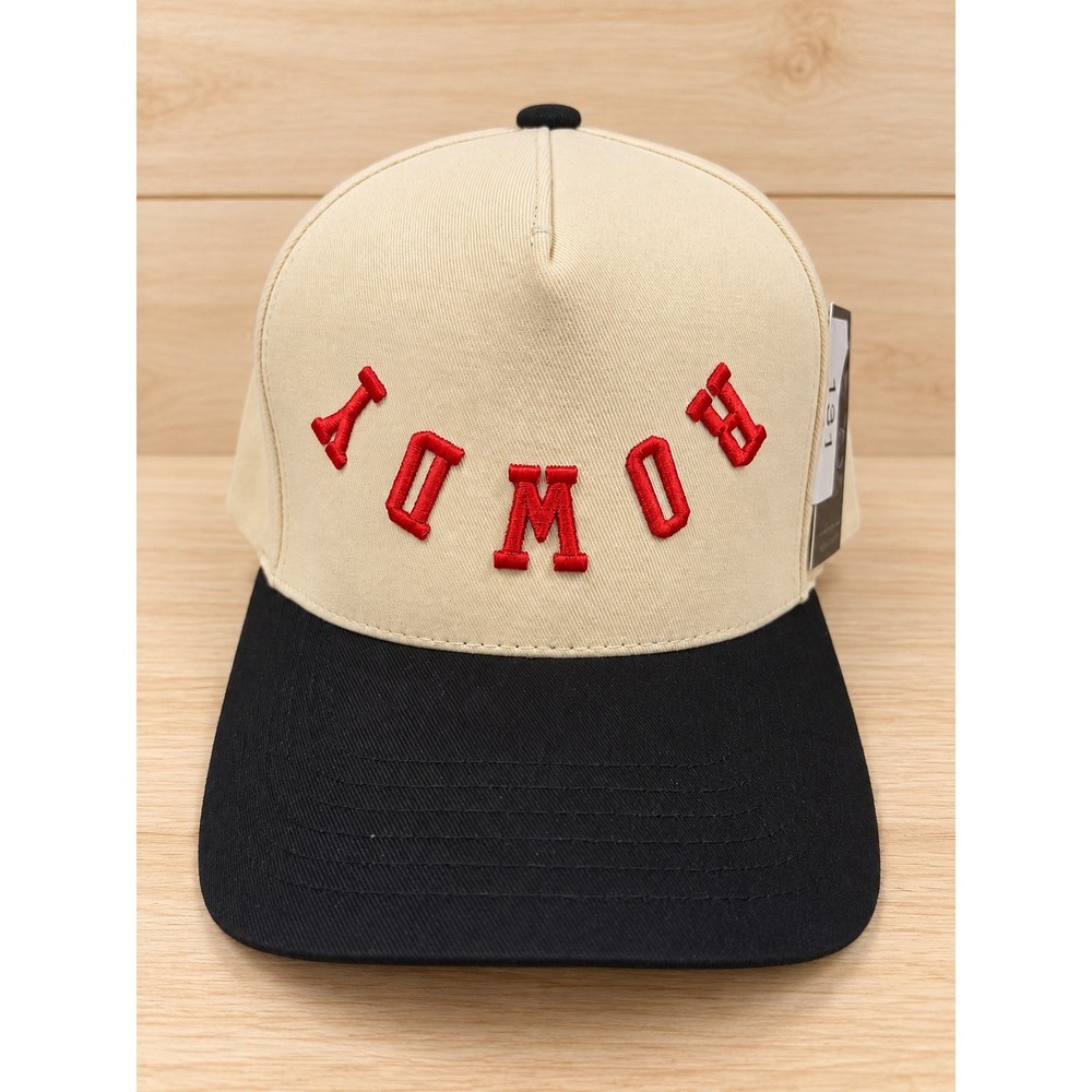 Upside Down ROWDY Embroidered Two-Tone Baseball Cap Cream Red C.C Brand NWT